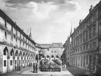 Widok na dziedziniec męski w więzieniu Conciergerie, ryty przez Alphonse Urruty (1800-70) c.1831